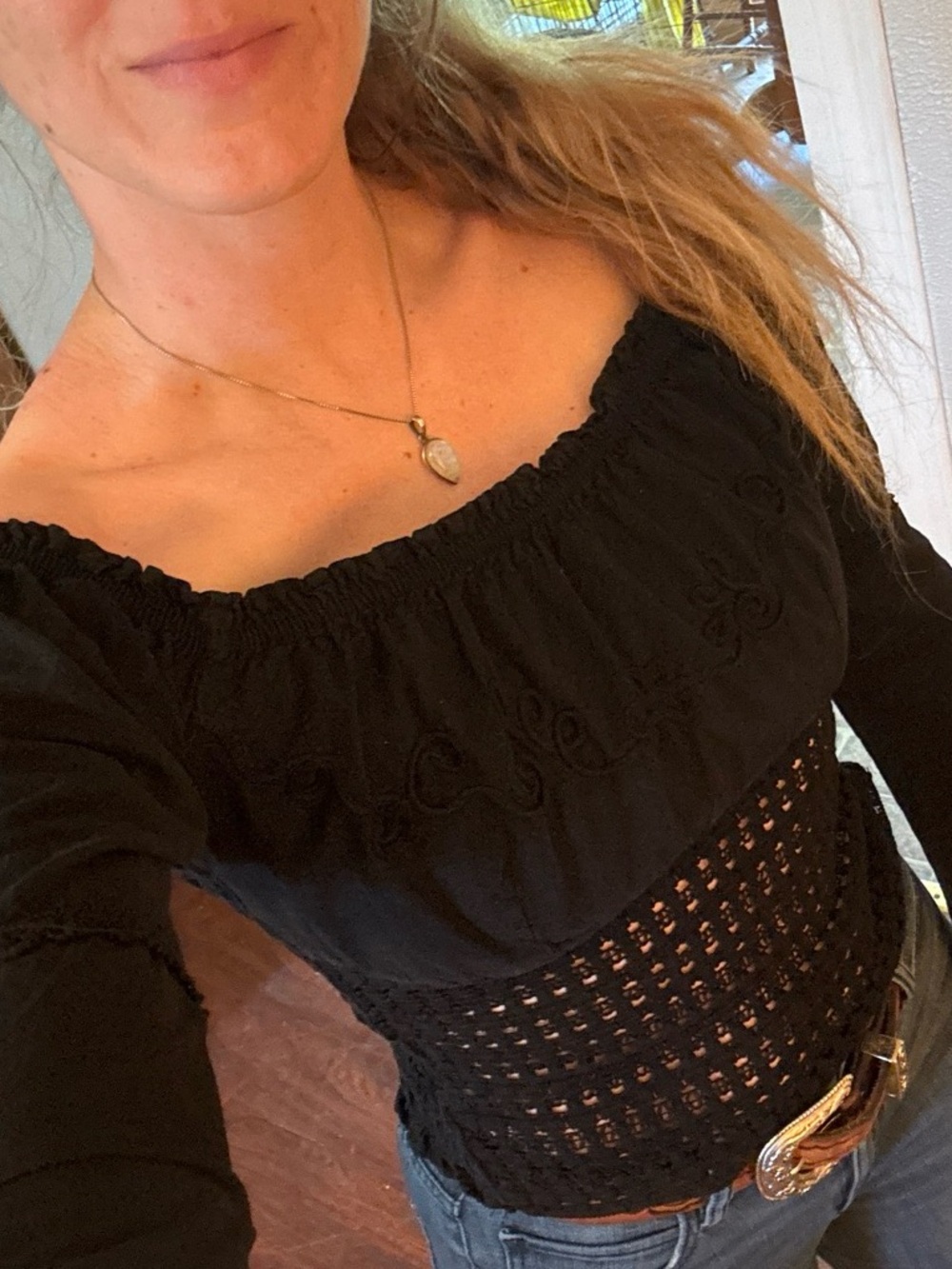 Black Off-Shoulder Smocked Crochet Waist Women's Top